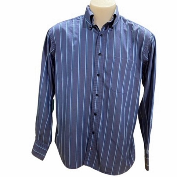 Tommy Hilfiger Blue/Green Striped L/S Button Front Casual Shirt Size 16 (34-35) - Picture 1 of 13